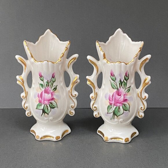 2 Vintage Weisley Hand Painted Small Pink Roses Bud Vases from the 1930s - Picture 1 of 7